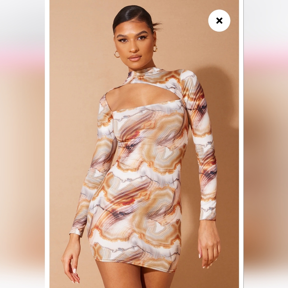 Brand new marble print PrettyLittleThing brown asymmetric cut-out bodyco…